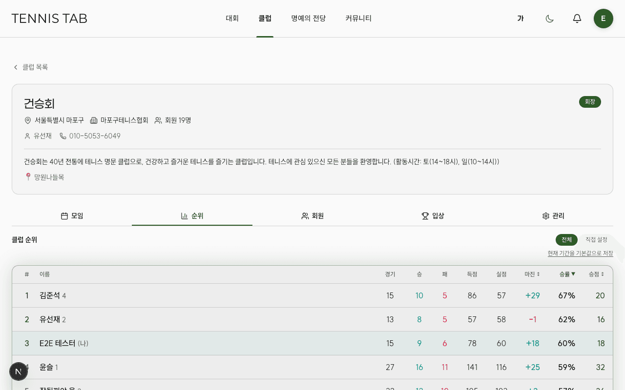 승률 정렬 화면